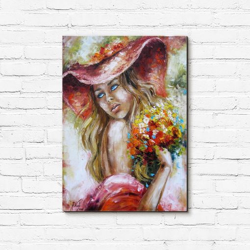 Obraz z dziewczyną w czerwonym kapeluszu i z kwiatami