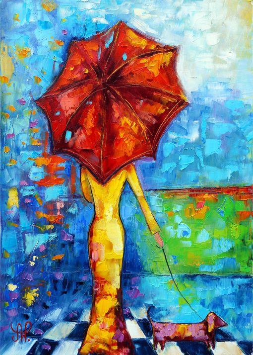 Obraz kobieta z jamnikiem pod parasolką