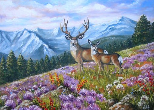 Obraz z jeleniami na łące z kwiatami