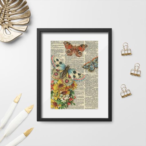 Plakat z motylkami i kwiatkami
