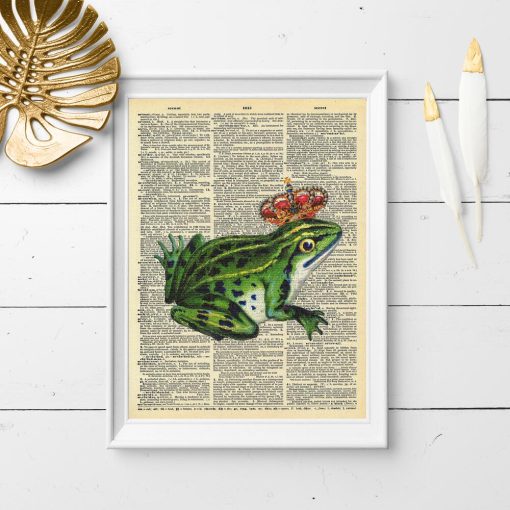 Plakat z zieloną żabą w koronie