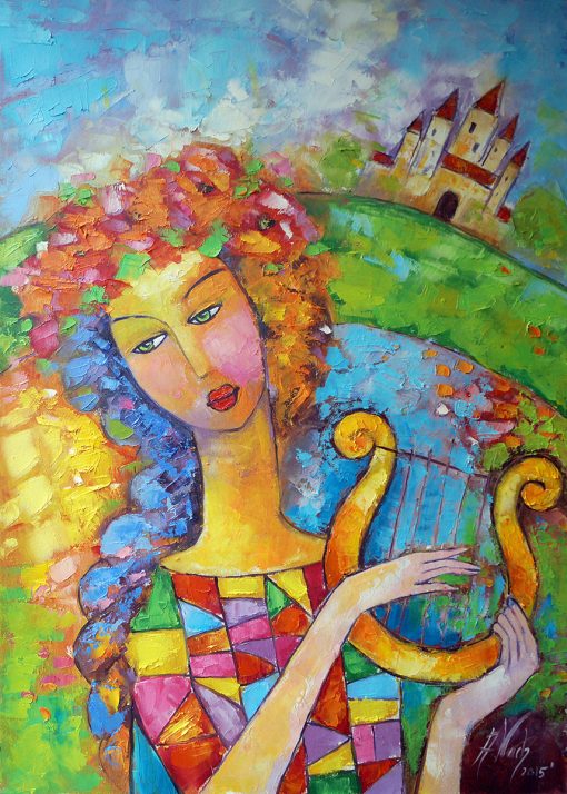 Obraz z grającą na lirze kobietą