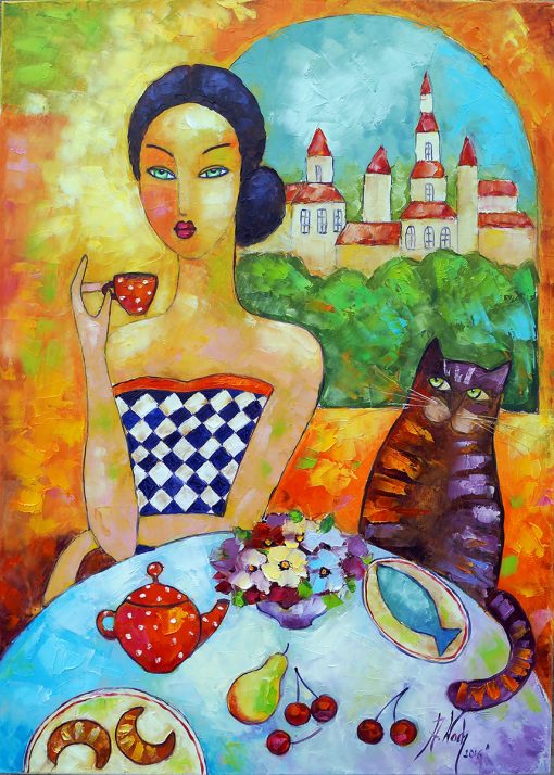 Obraz z kobietą i kotem przy stole